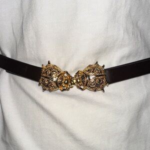 Vintage 70s/80s Thin Dark Brown Adjustable‎ Belt with Gold Ladybug Buckle